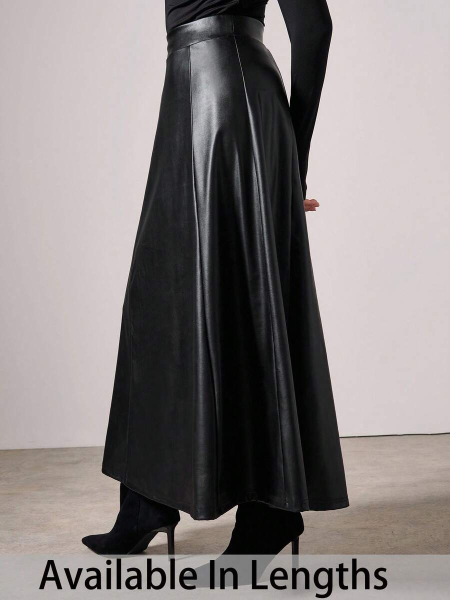 SHEIN Tall CURVE 大码休闲纯色A字裙，秋季 - 黑色 - 查看 1