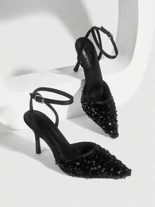CUCCOO SZL Scarpe da donna alla moda, scarpe con tacco alto luccicanti, scarpe da donna con decorazioni in paillettes per banchetti e feste, scarpe con tacco alto in raso nero sexy per donne, scarpe con cinturino alla caviglia per abiti da sera, per appuntamenti, pomeriggi del tè, San Valentino, eleganti - nero - Visualizzare 6