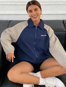 DAZY Áo khoác thể thao tay raglan phối màu tương phản phong cách thường ngày ngoài trời - Màu xanh hải quân - Xem 1