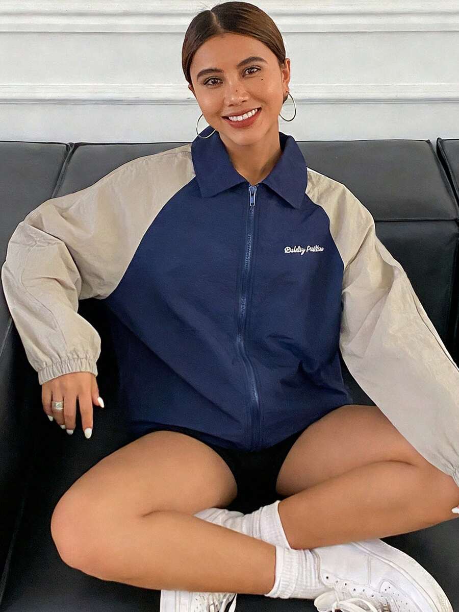 DAZY Áo khoác thể thao tay raglan phối màu tương phản phong cách thường ngày ngoài trời - Màu xanh hải quân - Xem 1