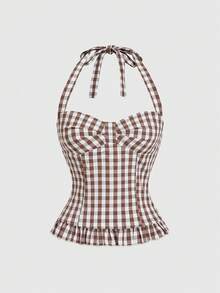 ROMWE Avant 女士浪漫度假风波点格子露背吊带背心套装 - 彩色 - 查看 5