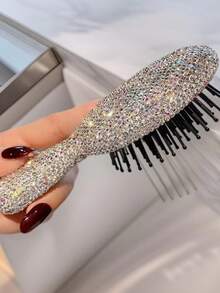 1件装女士便携式按摩发梳，镶钻气囊梳，干湿两用按摩气垫发刷造型工具 - 白色水鑽 - 查看 4