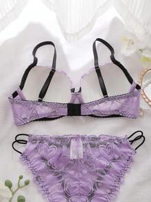 DelicateAllure 粉色和黑色蕾丝内衣套装，镂空钩编工艺，性感细肩带设计，亲肤舒适 - 淡紫色 - 查看 3