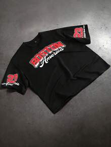 Manfinity Campus Court 男士休闲字母印花短袖T恤，夏季 - 黑色 - 查看 3