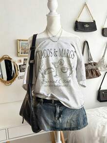 Lalippa 女士宽松露肩短袖印花T恤，休闲夏季上衣，浅灰色休闲短袖，优雅舒适设计，休闲户外T恤，露肩T恤。墨西哥卷饼和玛格丽塔T恤，墨西哥加勒比海滩女孩旅行邮轮T恤，柠檬T恤 - 灰色 - 查看 1