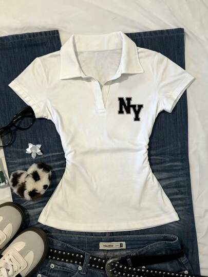 Glimmora 女士休闲字母印花短袖修身T恤，夏季