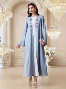 Al Najma 女士优雅亮片刺绣前开襟阿拉伯长袍，秋季 - 藍色 - 查看 6