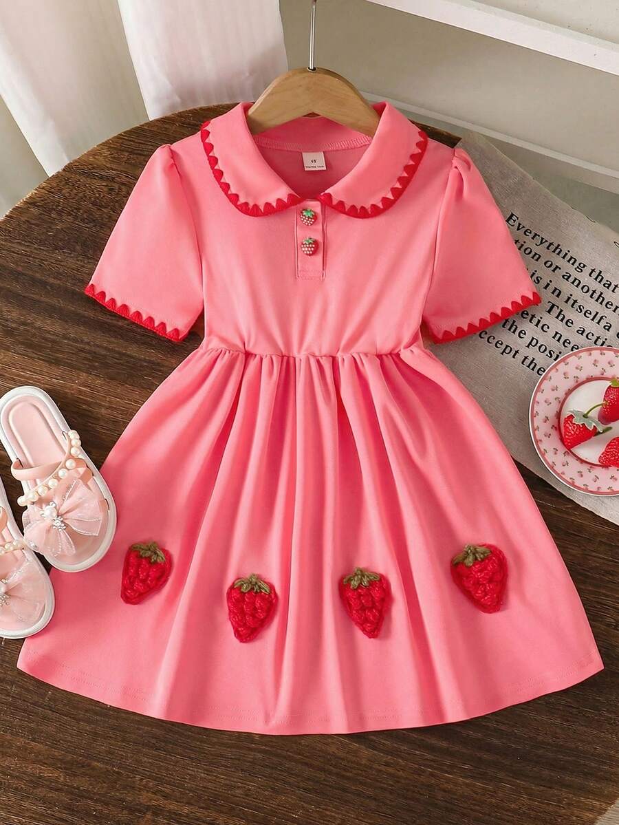 SHEIN Elladie kids 女童纯色红/粉色草莓刺绣领短袖A字连衣裙,松紧腰设计,夏季休闲日常穿着 - 紅色 - 查看 1
