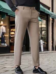 Manfinity Bizformal Men's Solid Color Pocket Casual Loose Straight Leg Pants - Khaki - View 4