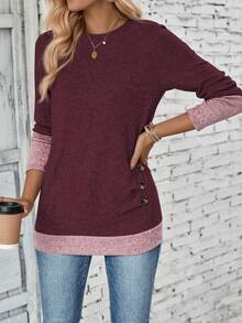 EMERY ROSE 女士休闲撞色拼接二合一T恤，秋季图案T恤女式上衣 - 彩色 - 查看 4