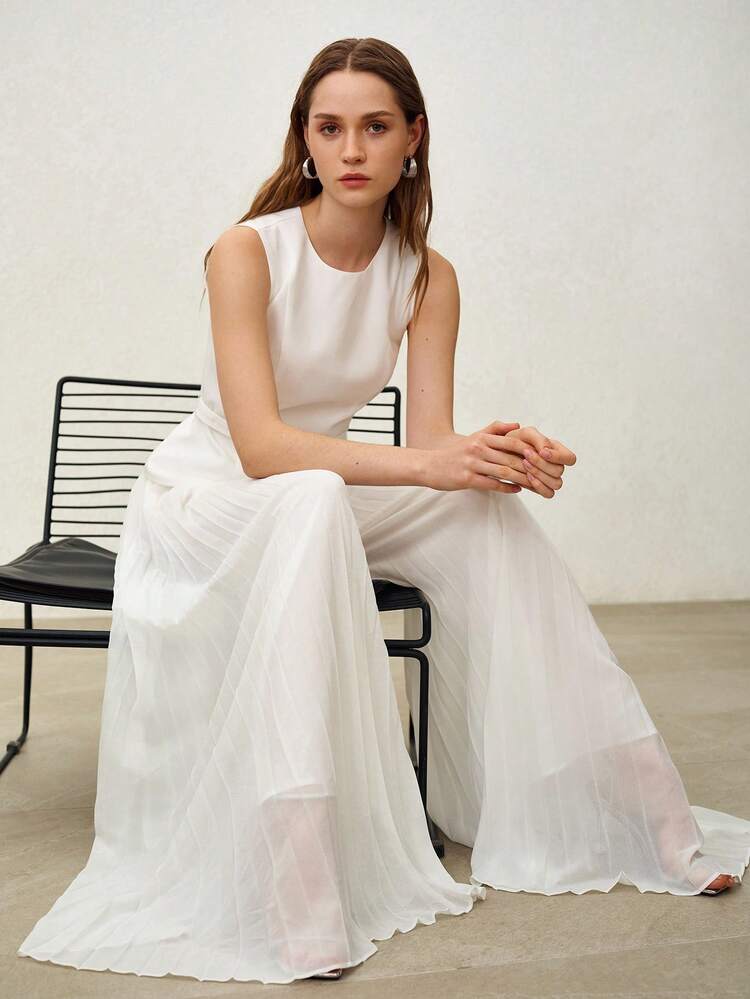 2PCS/SET WOMEN'S SLEEVELESS TOP AND PLEATED SKIRT SUIT, OFFICE WEAR