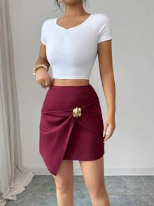 Elenzga 早春夏季休闲百褶高腰金属装饰不对称短裙，优雅百搭，适合日常、派对、情人节、婚礼等场合，时尚红色短裙 - 紅色 - 查看 7