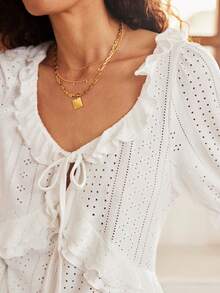 Lullawish Bohemian Casual Romantic Knitted Hollow Out Ruffle Trim Loose Playsuit Pajamas For Women - White - View 6