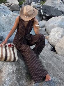 DAZY Bộ đồ nữ gồm áo vest kẻ sọc thắt nơ phía trước và quần ống rộng, kiểu dáng thường ngày, gồm 2 món. - Cà phê nâu - Xem 7