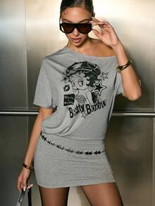 Betty Boop x SHEIN Women's Cartoon Figure Graphic Asymmetric Shoulder Short Sleeve Mini Dress - Light Grey - View 7