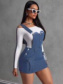 SHEIN ICON 女士纯色纽扣吊带修身牛仔连衣裙 - 藍色 - 查看 7