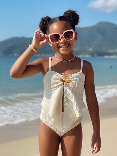 Tween Girl Apricot Textured Spaghetti Strap Bikini Set, Apricot Teen Swimsuit, Gold Shell Decor Girls Spring/Summer Swimwear