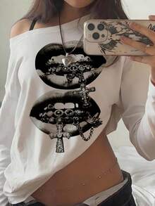 SHEIN EZwear 女士宽松不对称露肩长袖T恤，性感嘴唇和十字架印花，复古Y2K朋克哥特街头风上衣，四季皆宜，适合街头、返校、嘻哈、演唱会、夜店狂欢节等场合。 - 彩色 - 查看 8