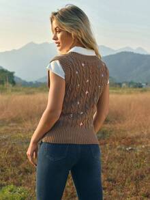 WESTFADE Floral Ladybug & Bee Embroidered V Neck Sleeveless Relaxed Fit Cable Knit Sweater Vest - Brown - View 2