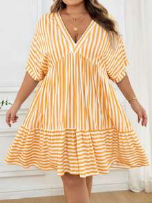 SHEIN CURVE+ 大码女式条纹V领蝙蝠袖短袖荷叶边下摆休闲连衣裙，适合秋季穿着，冬季女装，CURVE PLUS - 橘色 - 查看 6