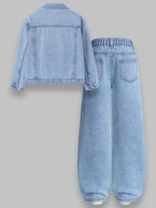 SHEIN ChillGRL Bộ đồ hai mảnh denim cho bé gái tuổi teen, hàng mới về mùa Thu/Đông, denim wash kiểu Âu Mỹ với trang trí đinh tán, áo khoác denim thời trang + quần jeans ống rộng dáng thoải mái, đa năng cho mặc hàng ngày, đi học, đi làm, dự tiệc, Halloween, thiết kế cạp trung thoải mái. - Rửa nhẹ - Xem 2