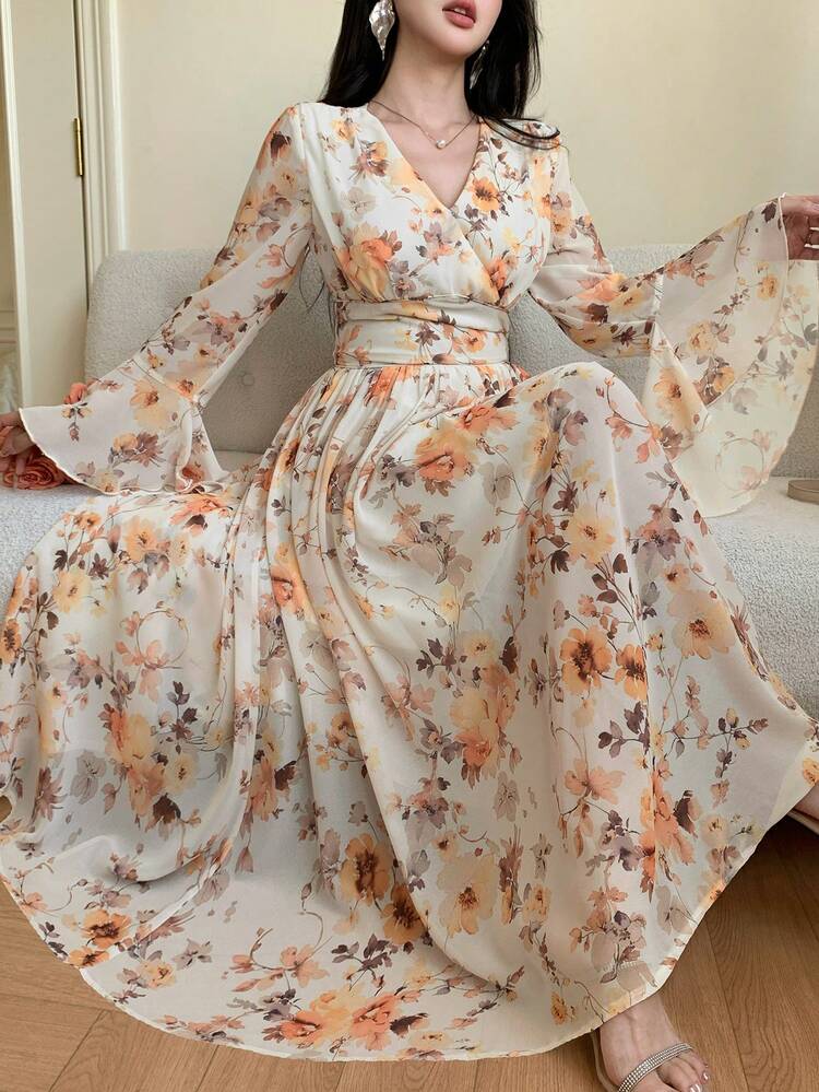 Spring & Summer Ditsy Floral Chiffon Dress, Elegant Casual Beach Vacation Midi Dress With Flare Sleeves And Ruffle Hem, Suitable For Commuting, Weddings, Valentine's Day Sundress Boho