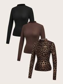 SHEIN Tall 3pcs/Set Solid Color & Leopard Print Tight Fit Basic Layering T-Shirts, Casual Autumn/Winter - Multicolor - View 12