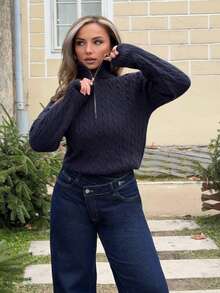 Jeta Ari New Arrival Autumn Half-Zip Loose Casual Women Sweater - Navy Blue - View 6