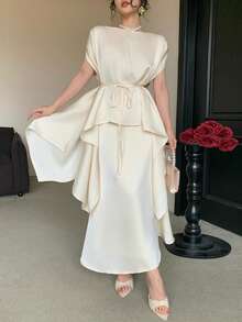 DAZY Women's Elegant Solid Color Belted Shirt & Skirt 2 Pieces Set, Spring/Summer,Wedding Guest Dress Women - Beige - View 8