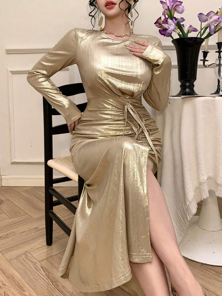 Women's Elegant Solid Color Pleated Mid-Length Dress, Spring/Summer Wedding Guest Dress Sparkly Dress Sundress