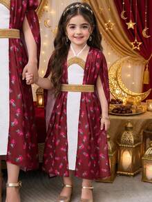 SHEIN 2pcs/Set Young Girl Ditsy Floral Woven Casual Top And Classic Floral Embroidered Elegant Vintage Casual Modest Abaya Dress, Suitable For Young Girls In Spring/Summer, Graceful Long Sleeve Maxi Dress, Prayer Abaya, Easy Comfort, Casual Wear, Vacay Vibes, Modest Kaftan, Kids Jalabiya Cute Cartoon Star & Moon Print, Elegant Long Sleeve Maxi Dress, Kids Prayer Abaya, Easy Comfort, Casual Wear, Modest Kaftan, Kids Jalabiya Long Maxi Dress For Kids Kids Arabic Dress Dresses With Cape For Kids Girls - Red - View 2