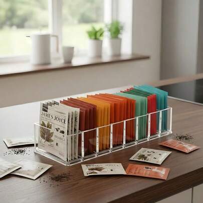 1 pezzo Scatola organizzatrice in acrilico trasparente per bustine di tè con divisori, contenitore da scrivania multifunzionale per caffè, bustine di tè, ufficio e cucina, armadietto della dispensa, organizzazione cosmetici, forniture scolastiche riutilizzabili