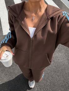 Muchica Sudadera con capucha de punto casual con cremallera delantera, de manga larga y hombros caídos, a rayas, en color marrón, para mujer