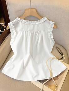 GlowEve Summer New Sweet Ruffled Collar Blouse Women, Korean Style Loose Pleated Sleeveless Tank Top, Slimming Elegant - White - View 2