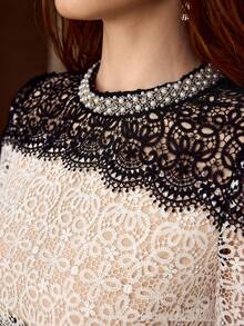 MOTF PREMIUM WOMEN'S BLACK & WHITE LACE PATCHWORK SHORT SLEEVE ELEGANT DATE NIGHT SHORT DRESS - Black and White - View 2