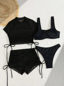 Swim Chiccia Bộ bikini quây 4 món màu trơn, bao gồm quần tam giác hở lưng cổ vuông đơn giản, áo crop top tay ngắn cổ vuông bằng lưới, quần short cạp cao buộc dây bên hông, đồ bơi đi nghỉ mát cho nữ. - màu đen - Xem 8