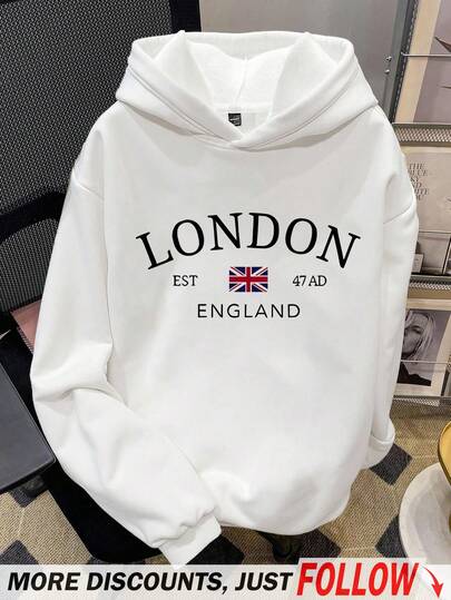 Manfinity Joysei 伦敦英格兰旗帜印花宽松大码套头连帽卫衣，男士休闲必备，适合约会、聚会、秋冬季穿着，是送给男友的绝佳礼物，长袖上衣