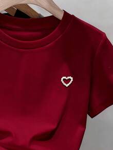 Resyla Áo thun nữ tay ngắn cổ tròn dáng regular, đính hạt hình trái tim, thời trang tối giản, thích hợp làm quà tặng cho bạn bè. - Màu Đỏ Sâu - Xem 3