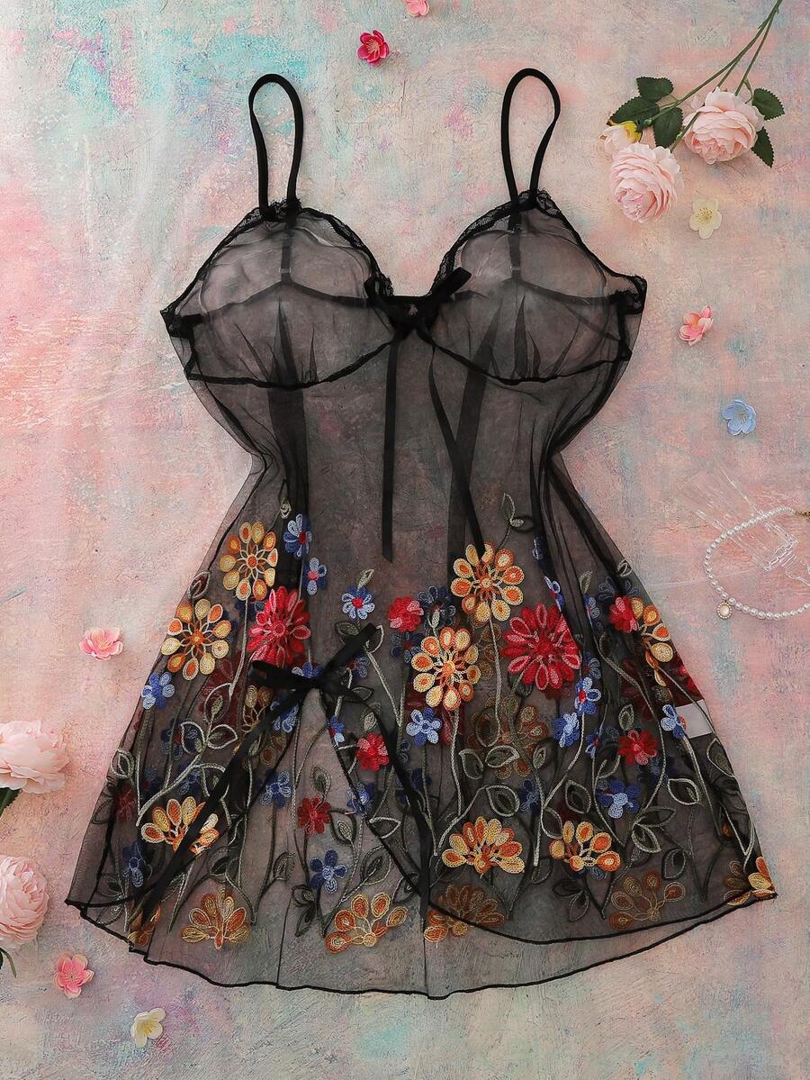 FloralLove Plus Size Women Sexy Spaghetti Strap Nightgown With Floral Embroidery And Side Slit Hem - Multicolor - View 1