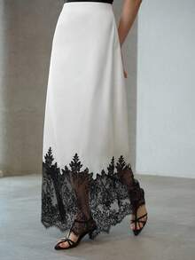 MOTF PREMIUM WOMEN'S SATIN & LACE PATCHWORK CONTRAST COLOR SKIRT - Black and White - View 5
