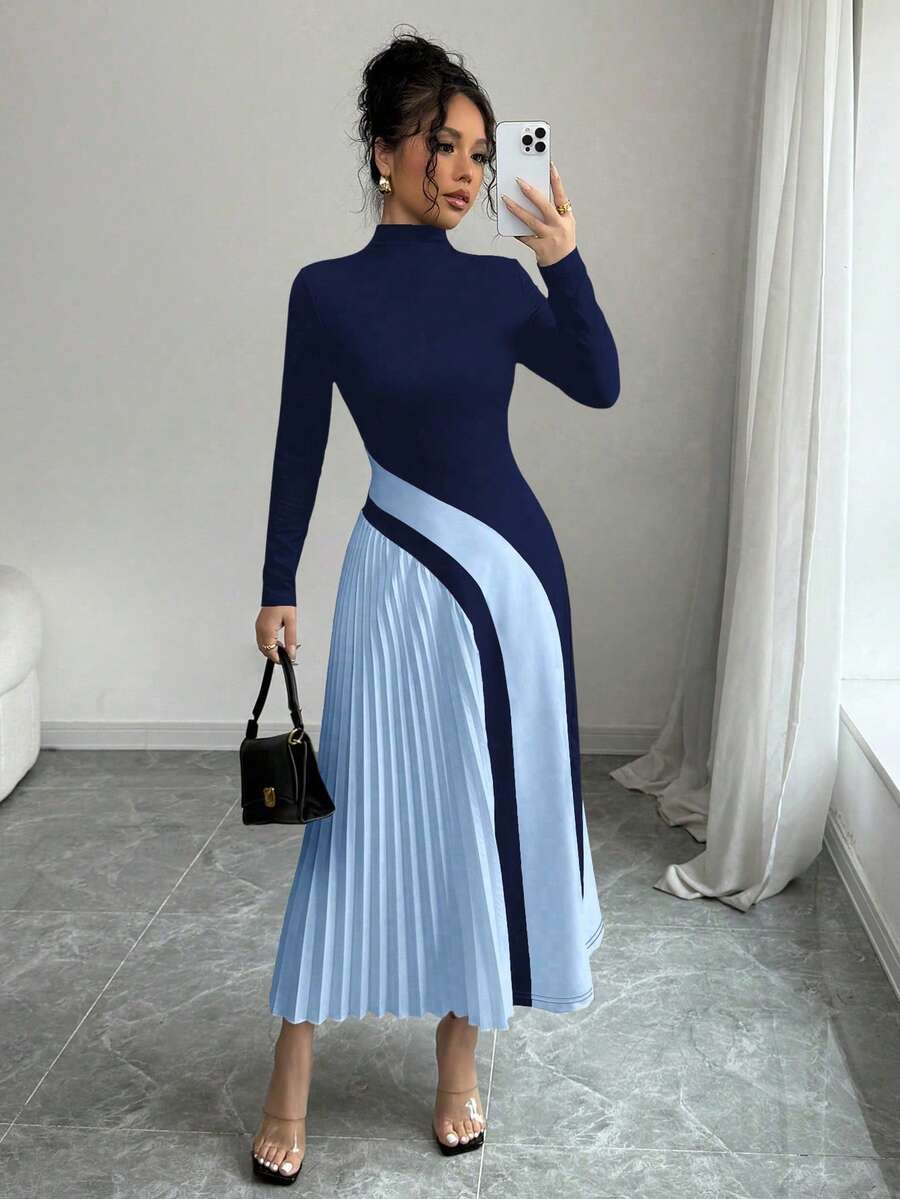 Elenzga Color Block Ruched Sexy Women Dress Fall Cloth For Women - Navy Blue - View 1