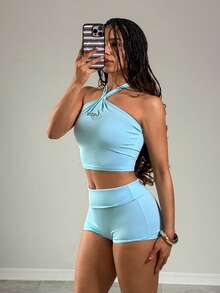 EgrlEra Sexy Casual Halter Crop Top And Ruffle Hem Mini Shorts 2 Pieces Set - Blue - View 1