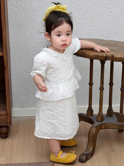 DAZY Toddler Girls' V-Neck Ruffle Lace Hollow Out Shirt & A-Line Skirt 2Pcs Set