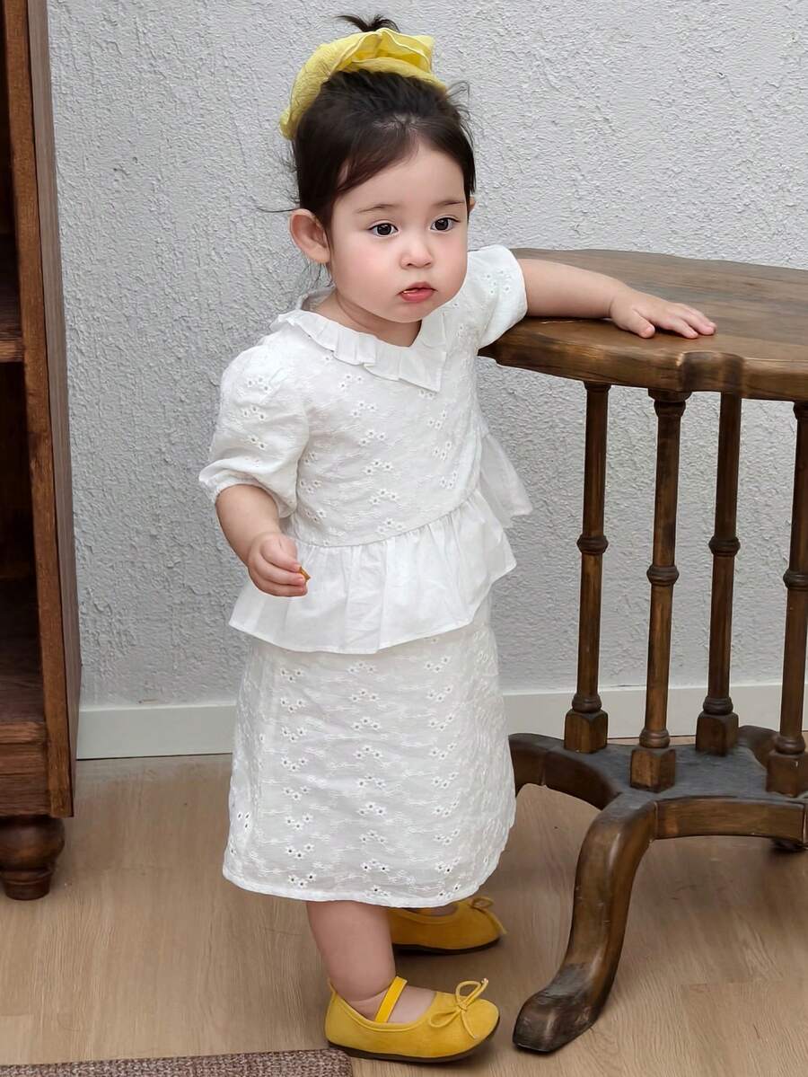 DAZY 女童V领荷叶边蕾丝镂空上衣和A字裙两件套