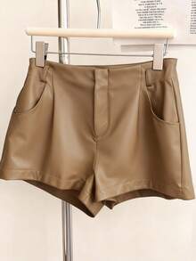 Airaco Quần short nữ dáng suông bằng da PU, màu trơn, kiểu dáng thường ngày, thích hợp đi làm. - Màu Khaki - Xem 4