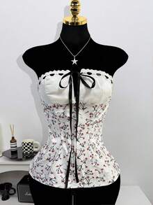 INAWLY Women's Elegant Ditsy Floral Tie Front Cropped Camisole Top, Summer - White - View 3