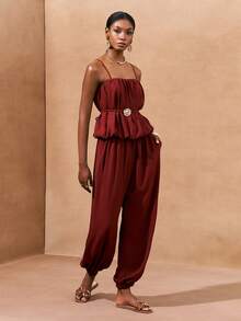 Zivah 2026 Spring/Summer New Music Festival, Easter, St. Patrick's Day, Valentine's Day, Date, Western, Nomadic, Birthday Party, Casual, Vacation, Cruise, Beach, Sunbathing, Wedding Guest Bohemian, Commute 2pcs Set: Spaghetti Strap Ruched Crop Top With Waist Tie And Drawstring Pleated Pocket Pants In Brown - Brown - View 6