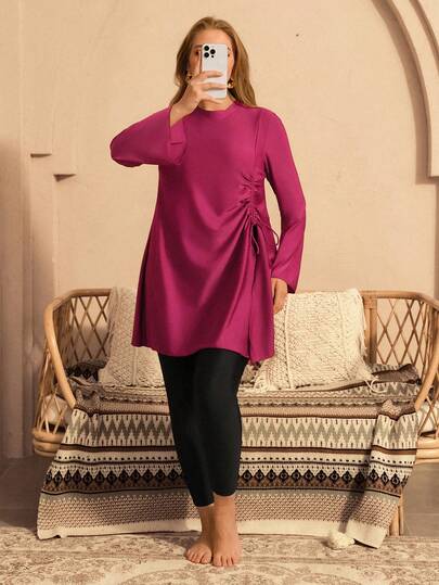 Swim Mulvari Plus Size Women Side Drawstring Tie Solid Color Top And Long Leg Pants Two Pieces Burkinis Swimwear