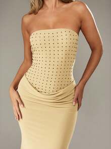 MISSGUIDED Diamante Bandeau Cowl Waist Floor Length Evening Formal Prom Gown Maxi Dress Special Occasion - Cream - View 3