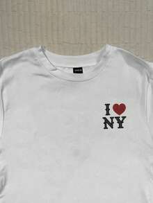Attitoon Casual Minimalist Faux Rhinestone "I LOVE NY" Letter Graphic Fitted Women's Short Sleeve T-Shirt, Suitable For Summer, Vintage Retro Style, Casual Vacation Style, Sexy Style, Cute, Y2K Coconut Girl, Boho, Spring Break, Brunch-Ready, Baby Blue, Girls Trip, Neon Beach Vibes, Bohemian, Hippie Style, Music Festival, Suitable For Summer Carnival - White - View 6